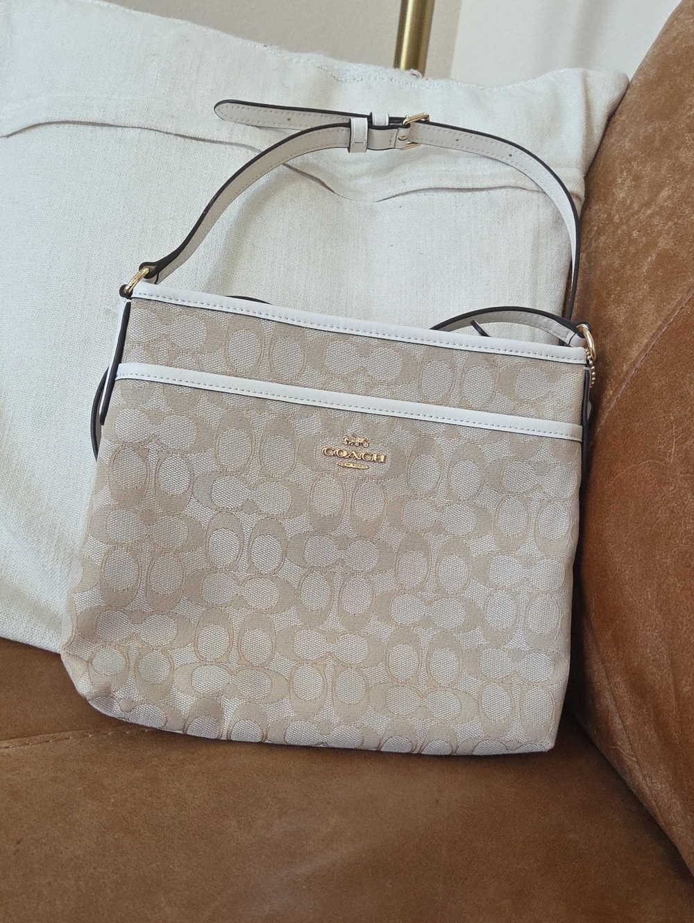 Coach Beige Signature Canvas Crossbody Bag with White Trim